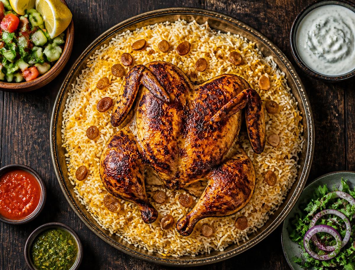 Bukhari rice platter with whole grilled chicken and sides