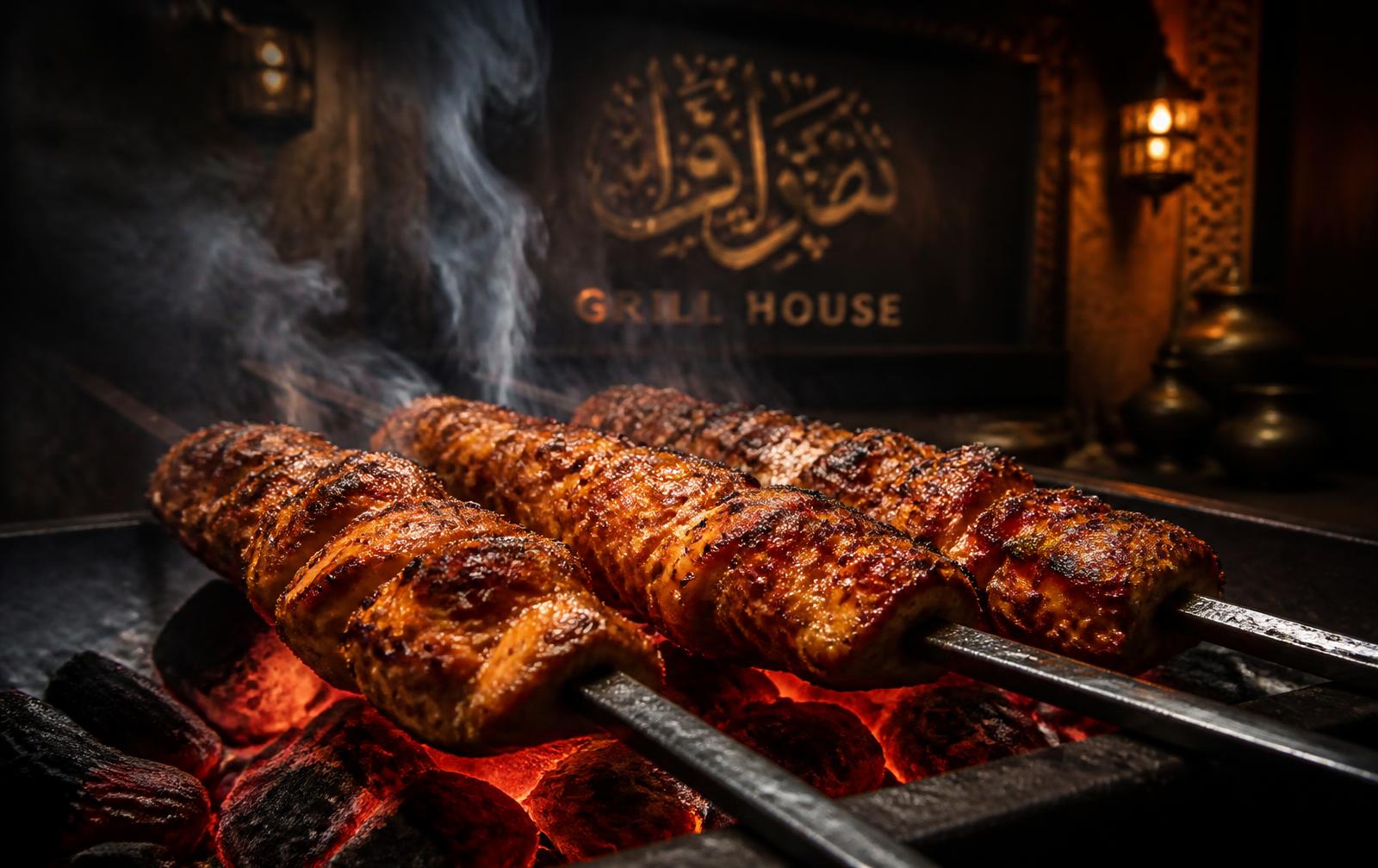 Charcoal-grilled chicken skewers over glowing embers
