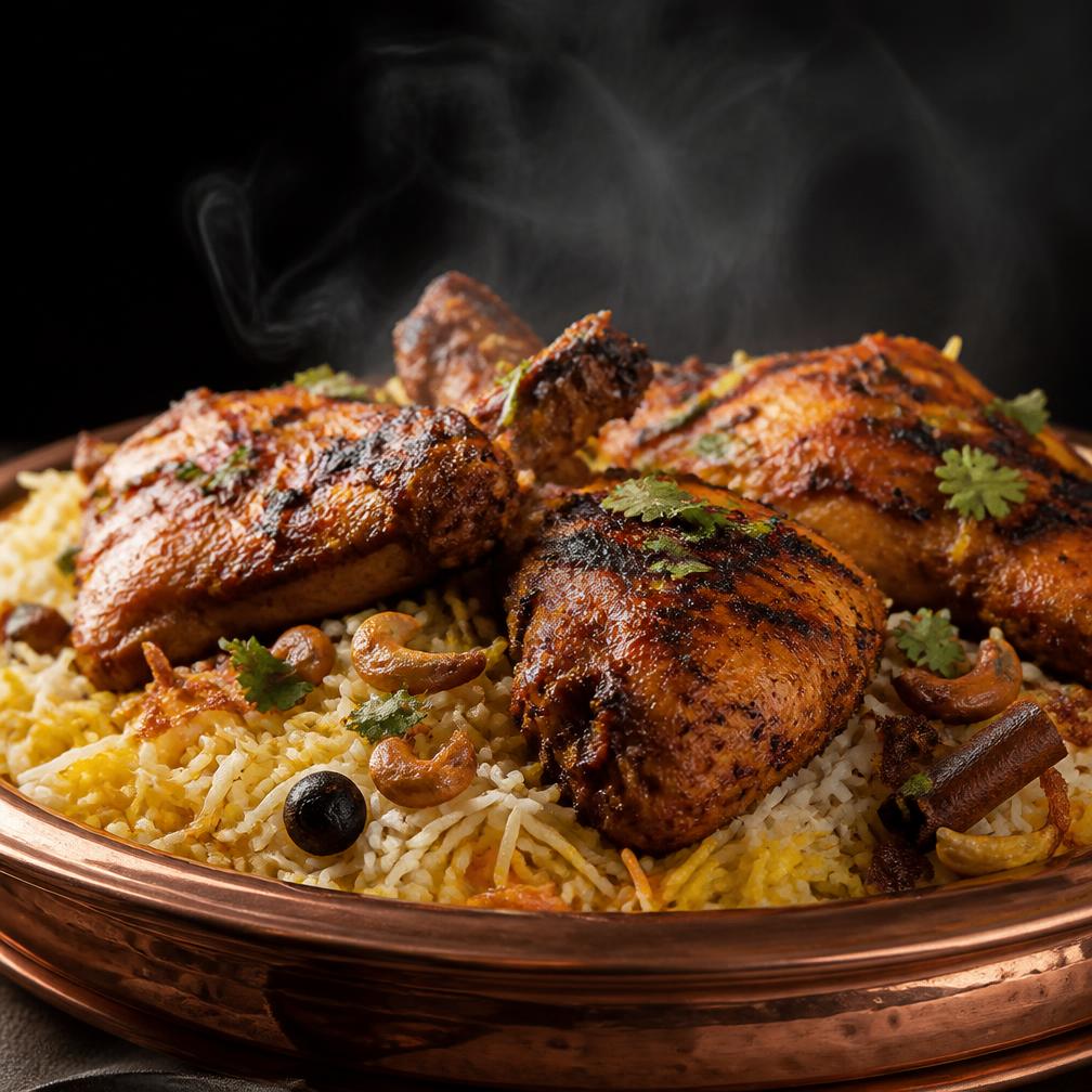 Mandi rice with grilled chicken served in a copper tray